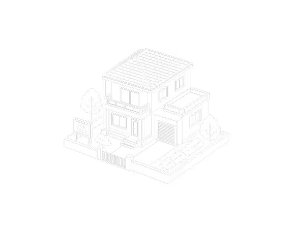 White outline illustration of a two-story house with garage, trees, bushes, fence, and a for sale sign.