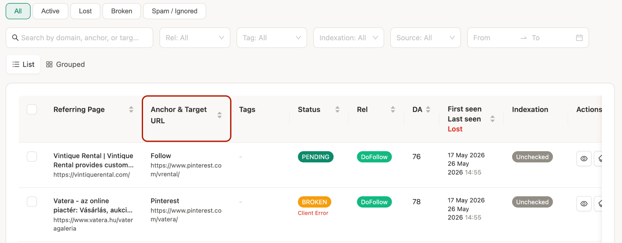 data about Anchor text from Monitolink