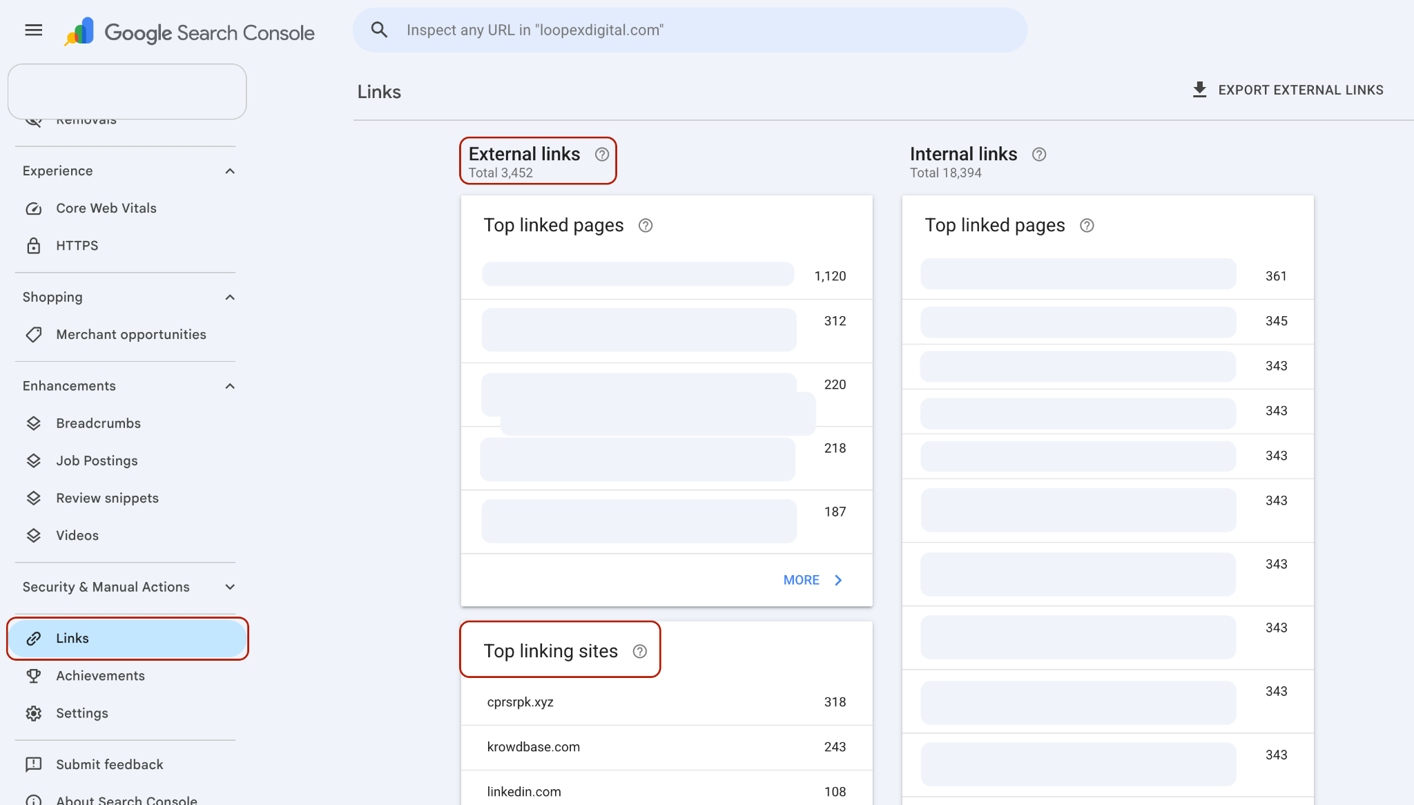 Google Search Console external links