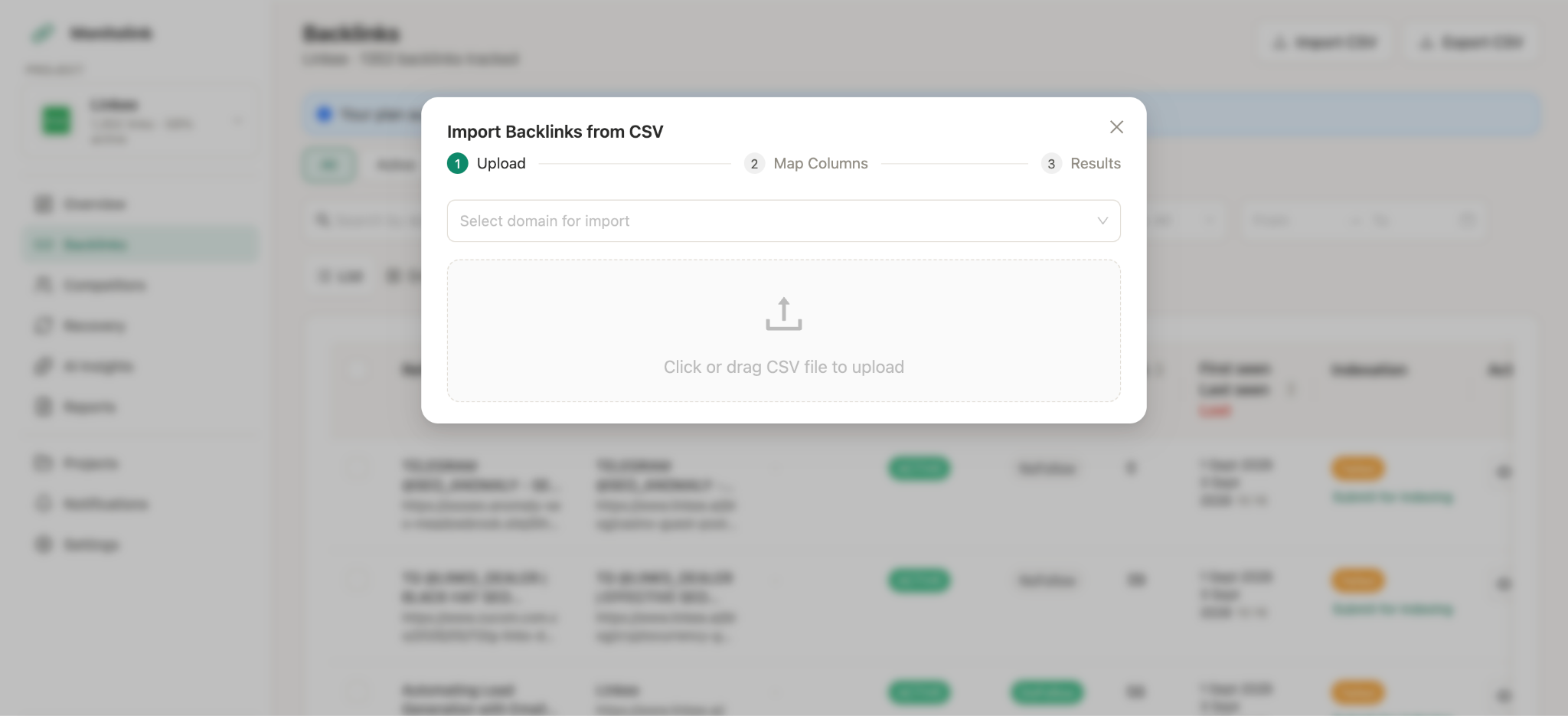 import backlink csv in Monitolink