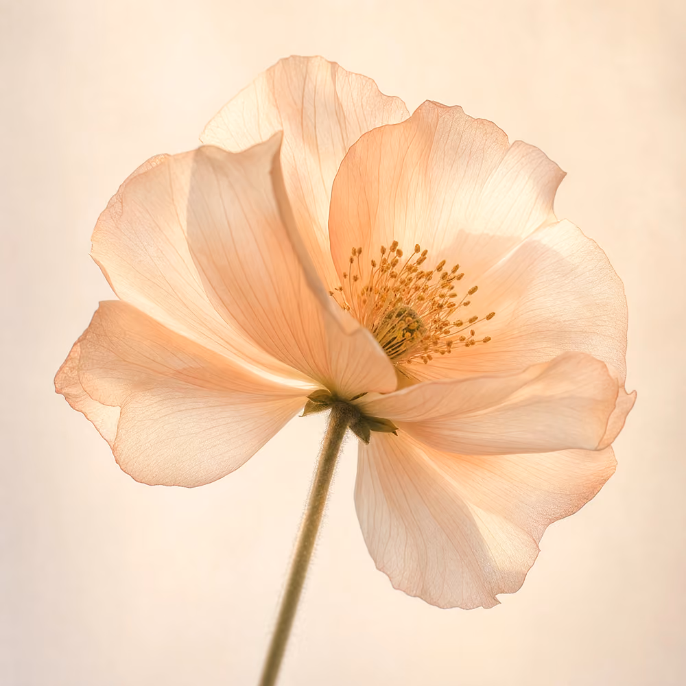 Close-up of a delicate peach flower with translucent petals against a light background.