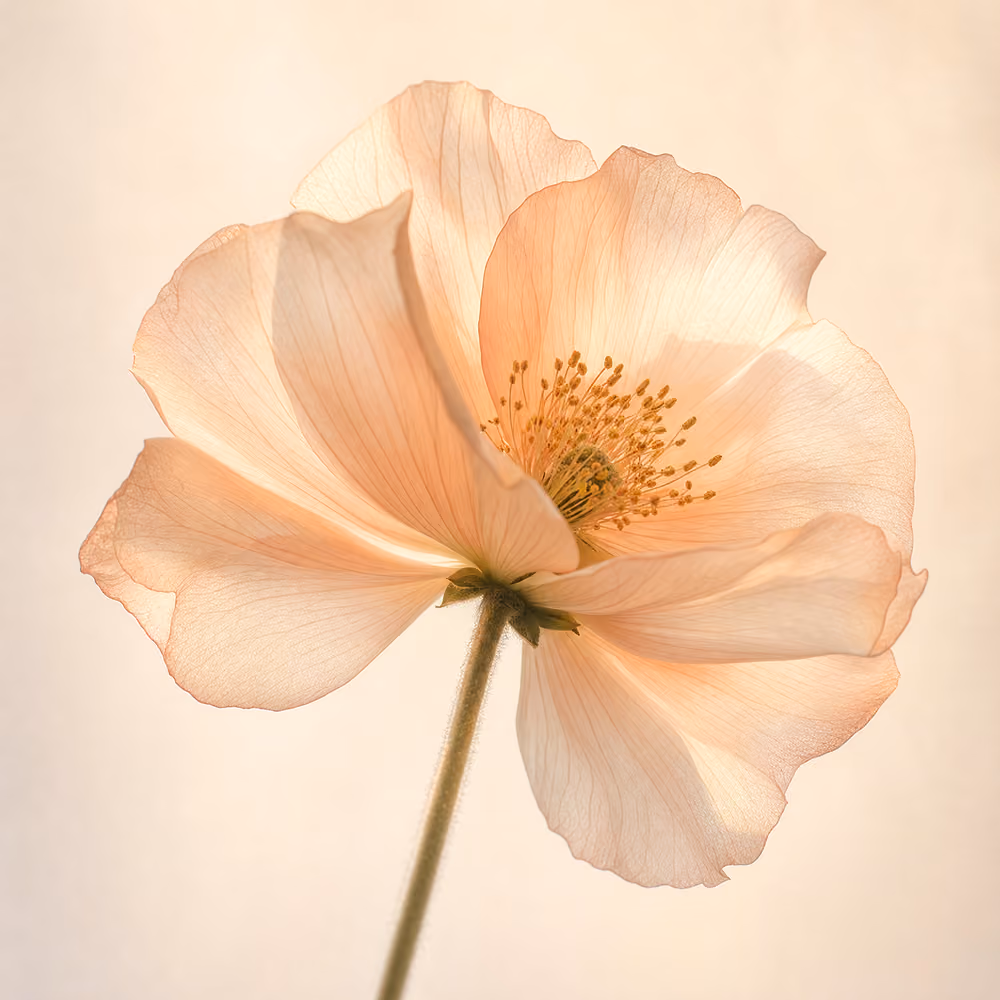 Close-up of a delicate pale peach flower with translucent petals and a green stem.