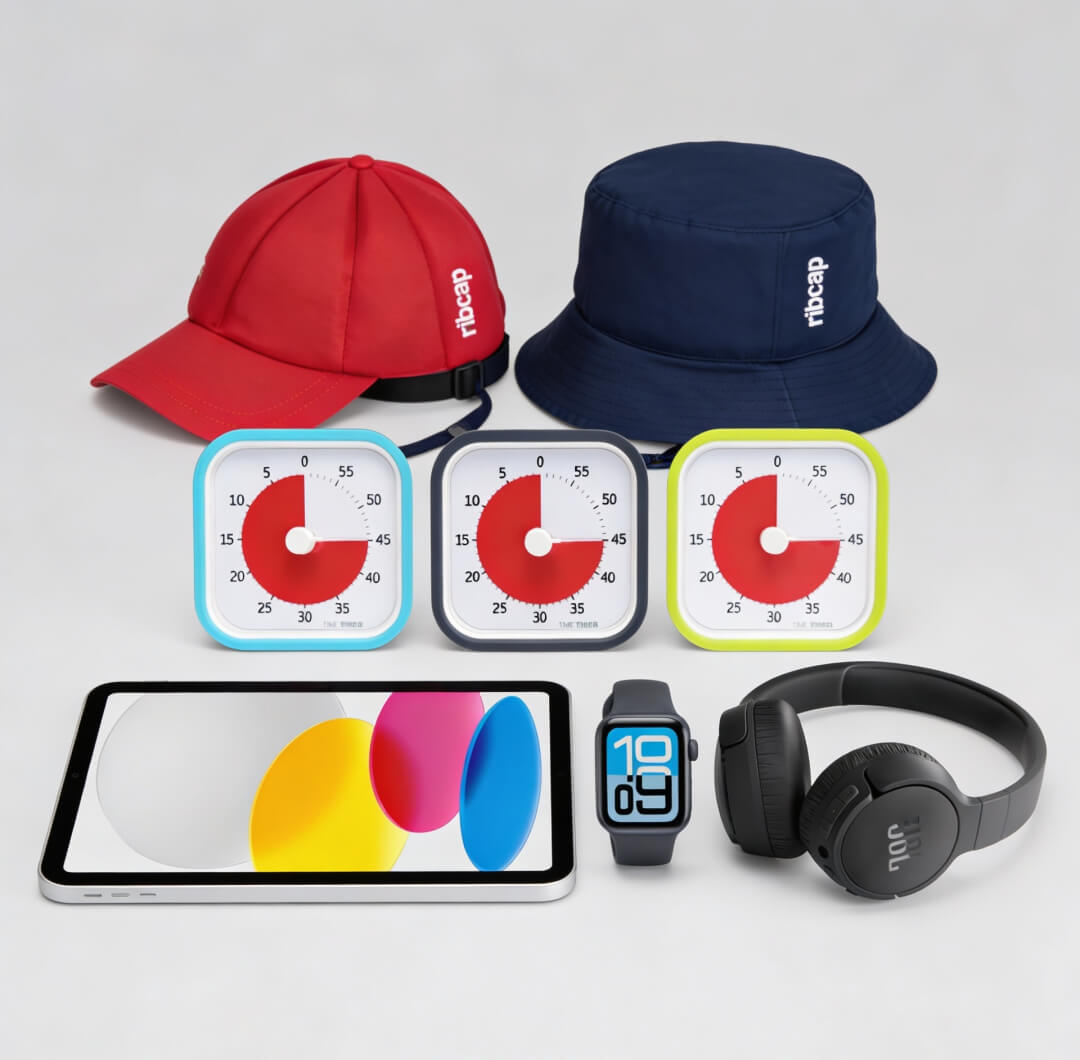 Collection of assistive technology devices, time timer, ipad, smart watch and headphone