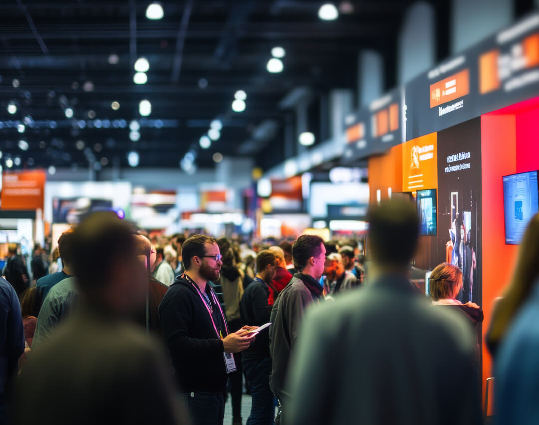 Busy event floor scene with many people
