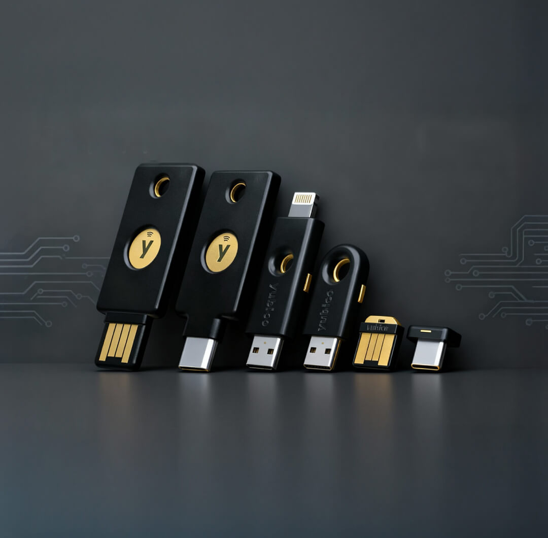 Yubikey collection lying in a dark background