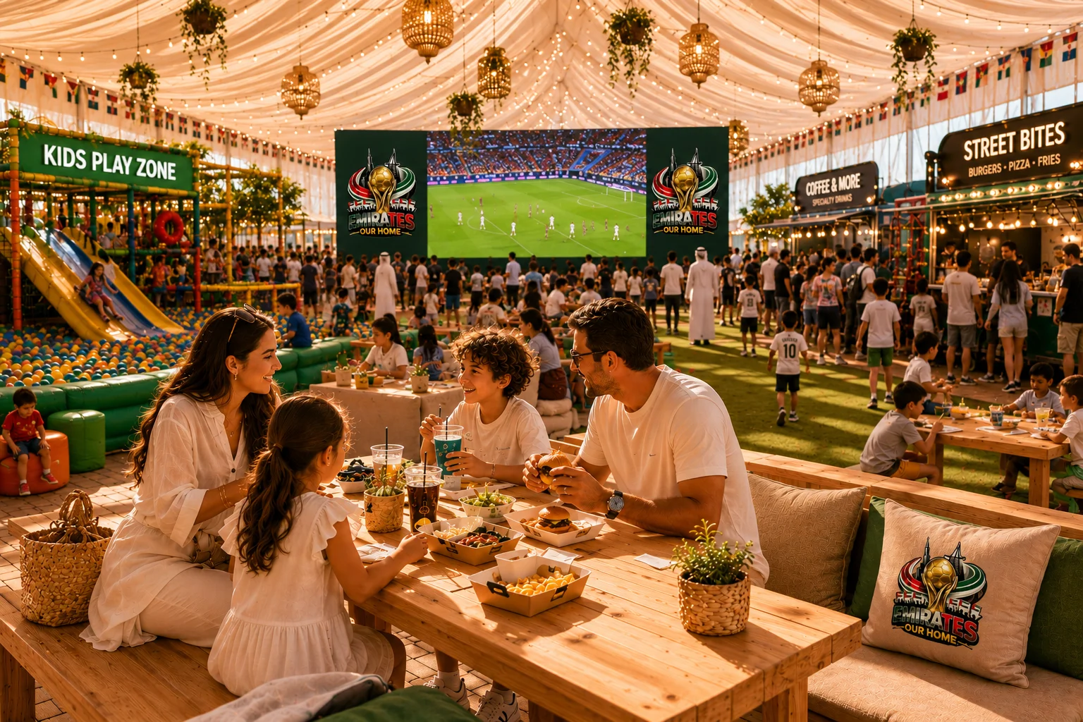 Luxury family-friendly FIFA World Cup 2026 fan zone inside a premium Dubai Festival City event tent with soft play areas, food trucks and giant football screens.