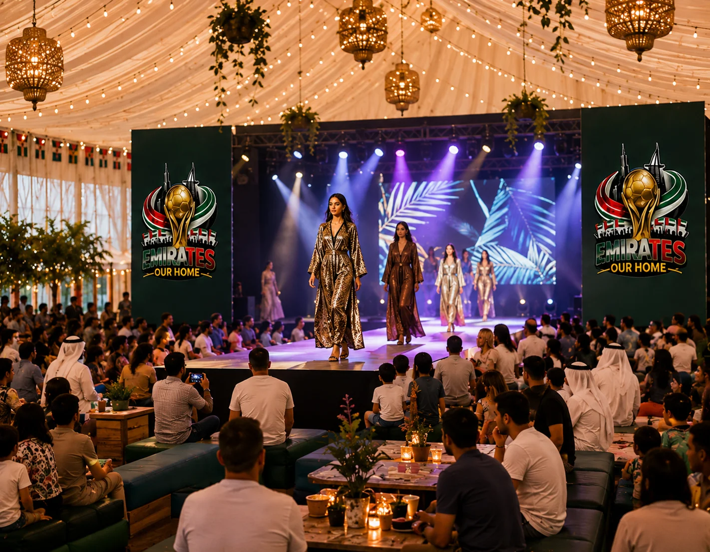 Live entertainment and fashion performance inside the Emirates Our Home World Cup event tent.