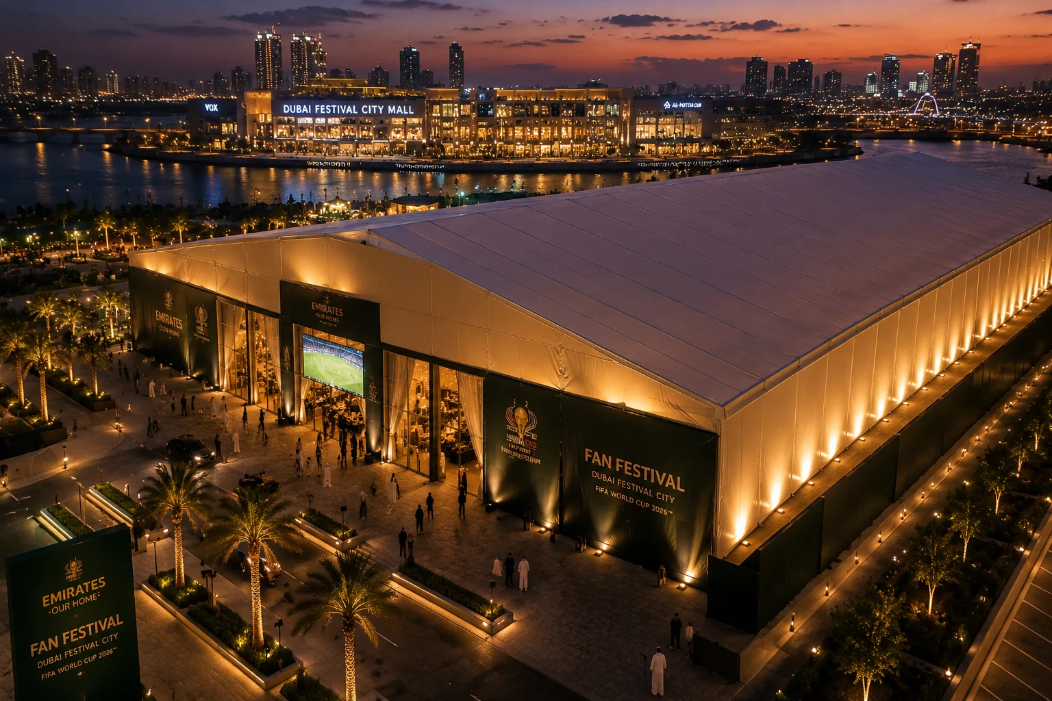 Luxury World Cup fan festival tent at Dubai Festival City during sunset with premium Dubai skyline atmosphere.