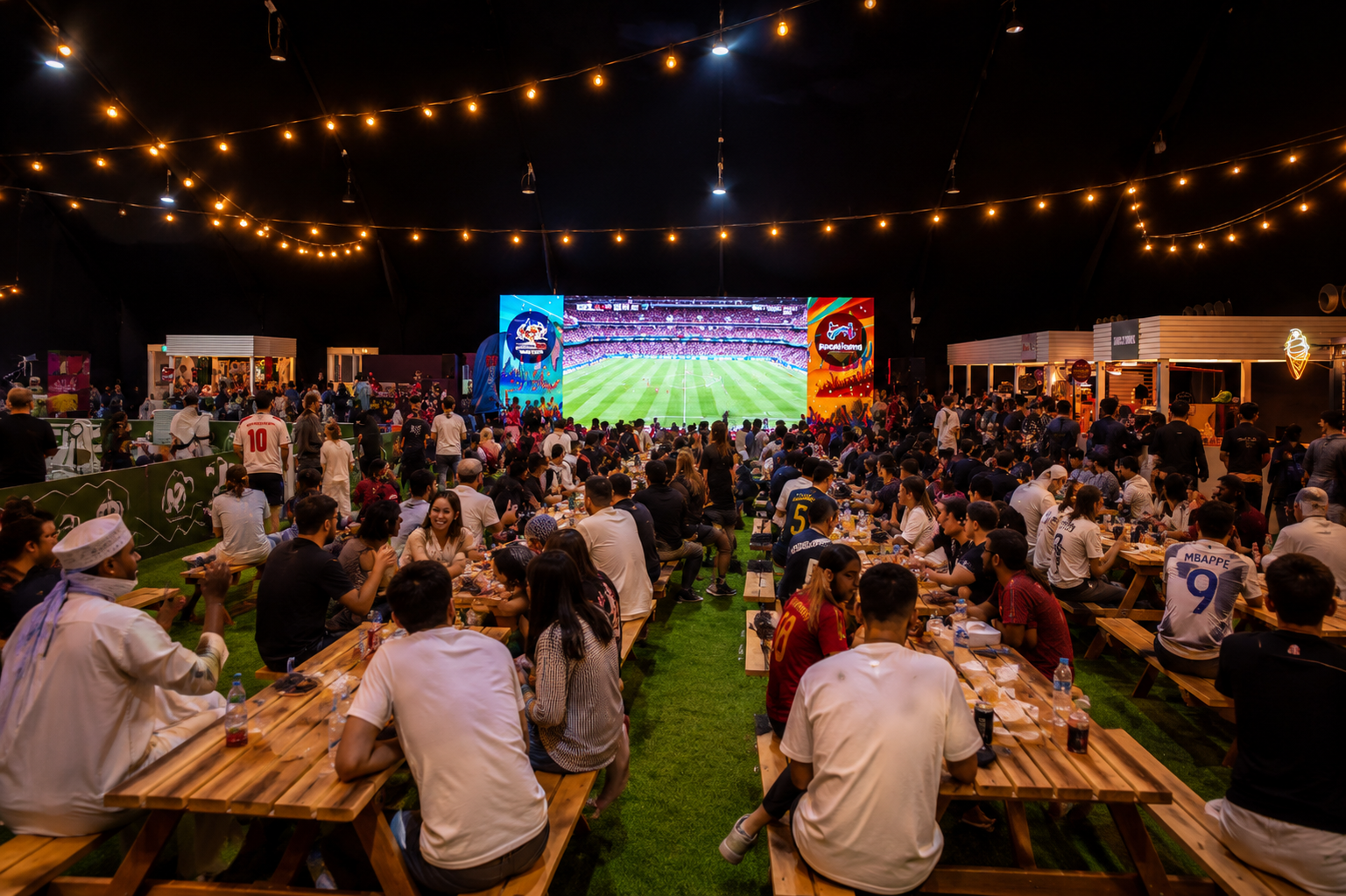 Luxury family-friendly FIFA World Cup 2026 fan zone inside a premium Dubai Festival City event tent with soft play areas, food trucks and giant football screens.