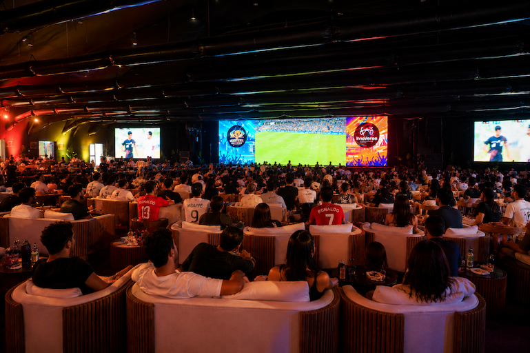 Luxury FIFA World Cup 2026 public viewing inside a premium Dubai family event tent.