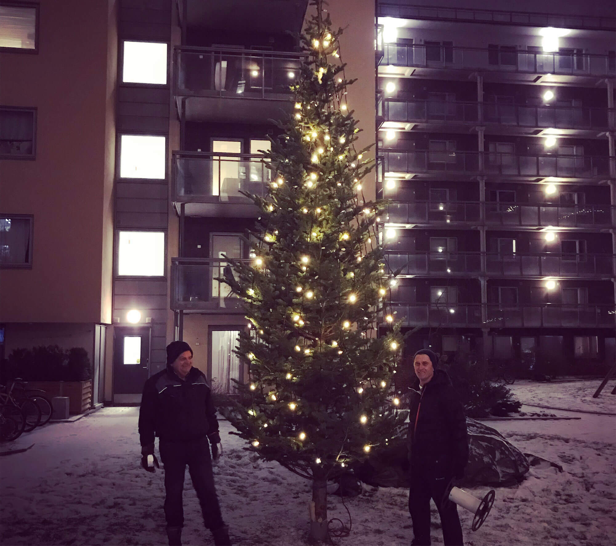 Stort juletre utenfor leilighetsbygg