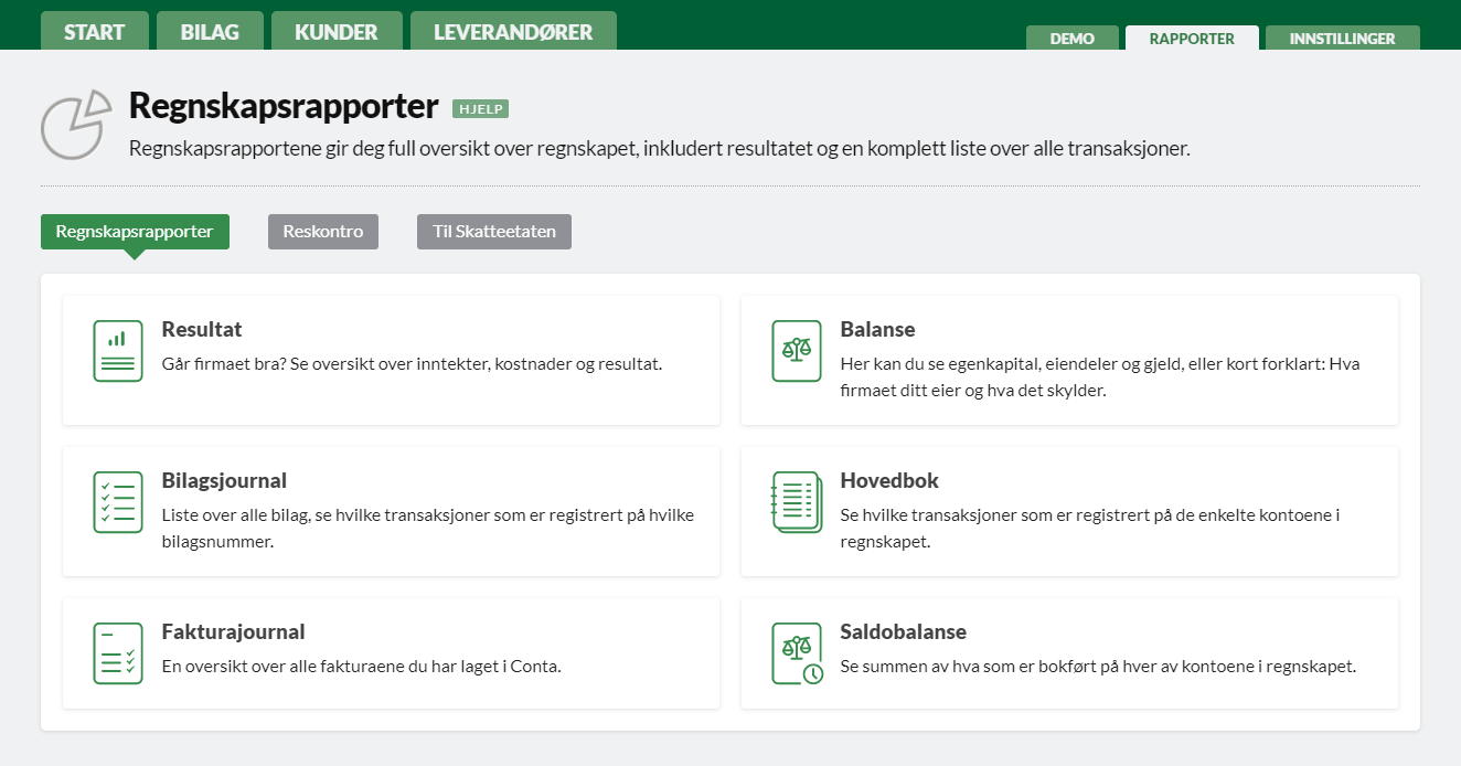 I Conta finner du balanserapporten og resultatrapporten ved å navigere deg til «Resultatrapporter» i menyen.