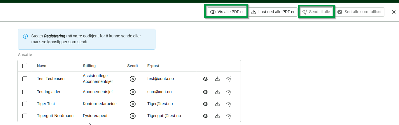Oversikt over lønnsslipper med knappene Vis alle PDF-er og Send til alle
