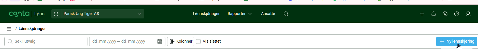 Toppmenyen i Conta Lønn med knappen Ny lønnskjøring