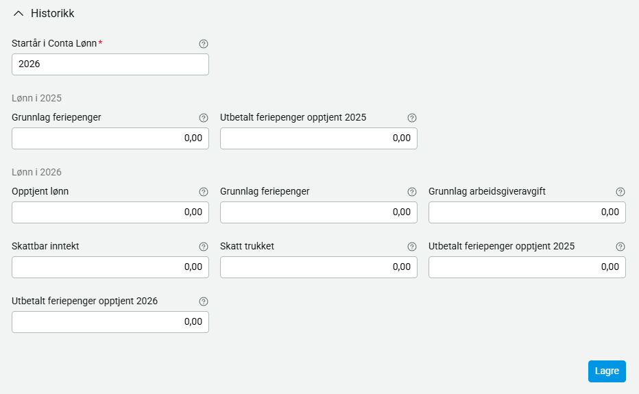 Historikk på den ansatte med felt for lønn fra tidligere år