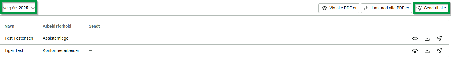 Oversikten over årsrapporter med valg av år og knappen Send til alle