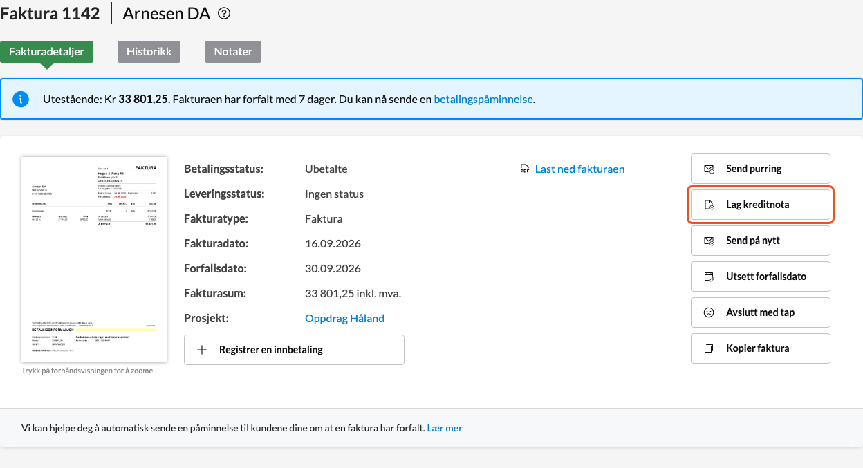 Fakturadetaljer med knappen Lag kreditnota