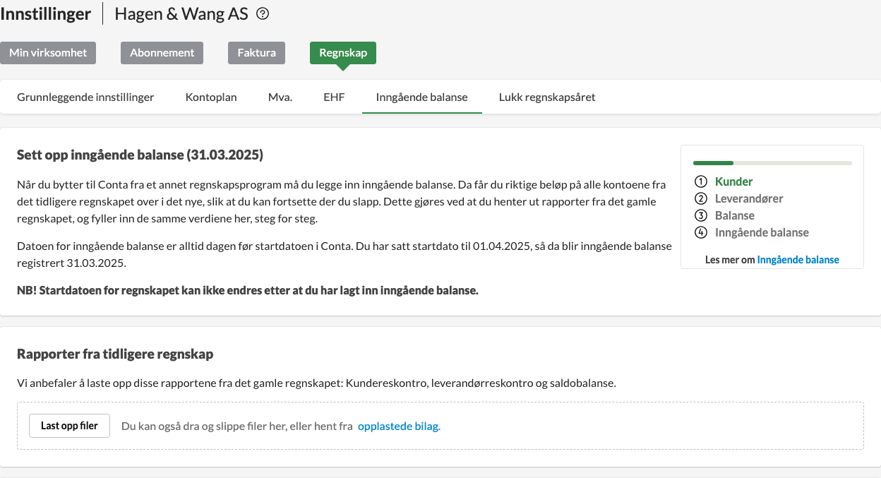 Inngående balanse under Innstillinger og Regnskap