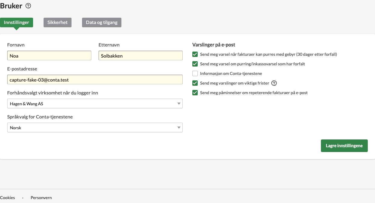 Brukerinnstillingene med navn, e-postadresse og varslinger