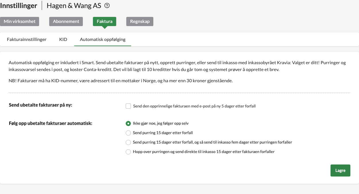 Automatisk oppfølging under Innstillinger og Faktura