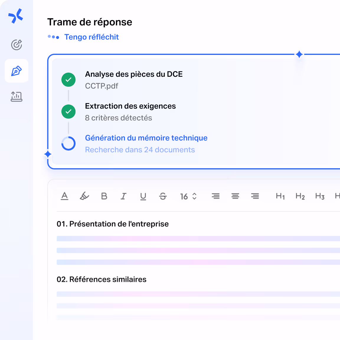 Écran produit Tengo : génération automatique par IA du texte d'un mémoire technique de réponse à un appel d'offres public