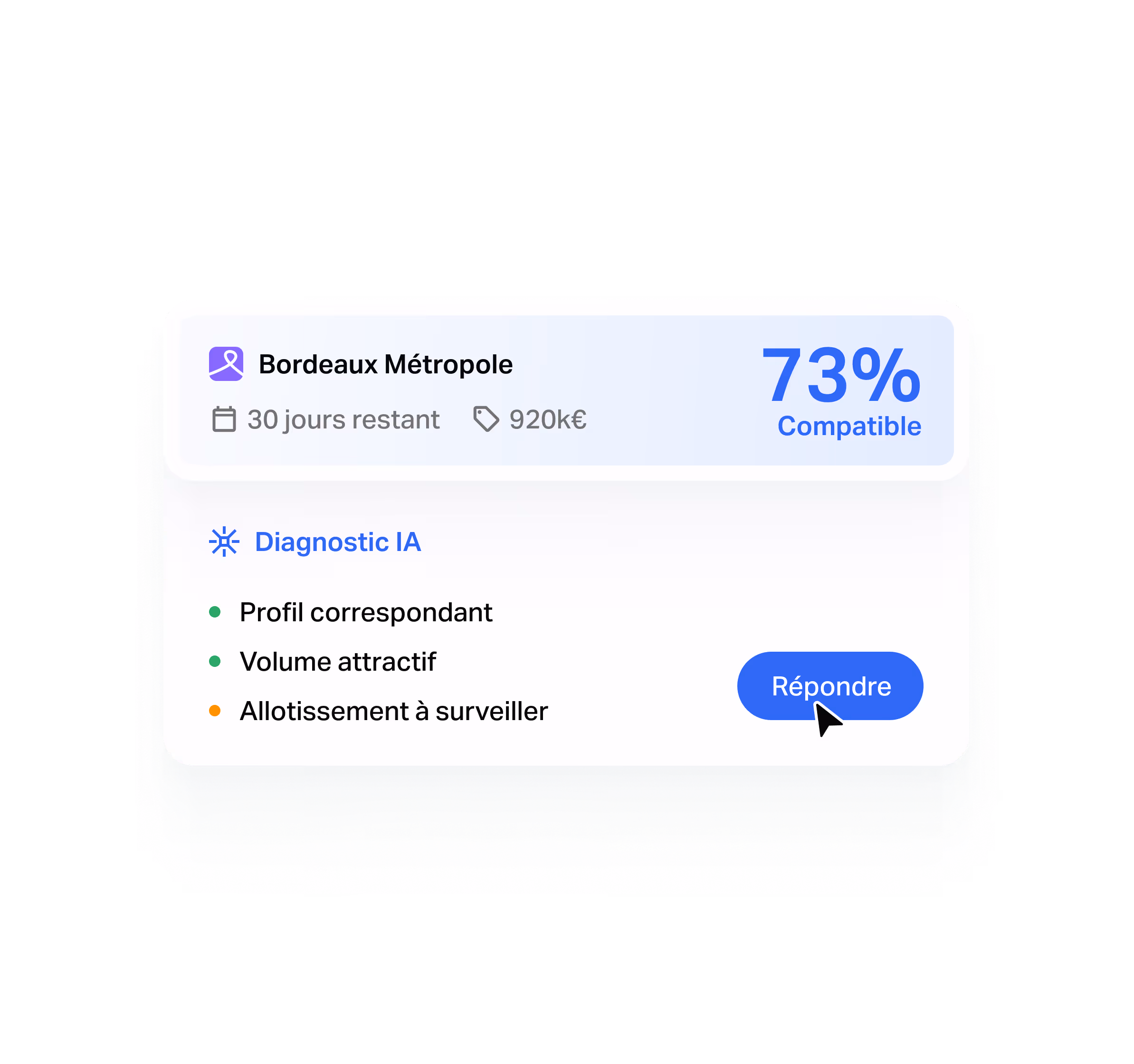 Écran produit Tengo de qualification : score de compatibilité IA d'un appel d'offres public (montant, délai, type de produit) et diagnostic automatique