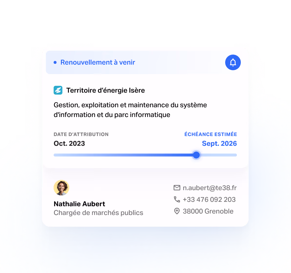 Écran produit Tengo d'anticipation : un marché public repéré avant publication, avec sa date de renouvellement estimée et le contact de l'acheteur