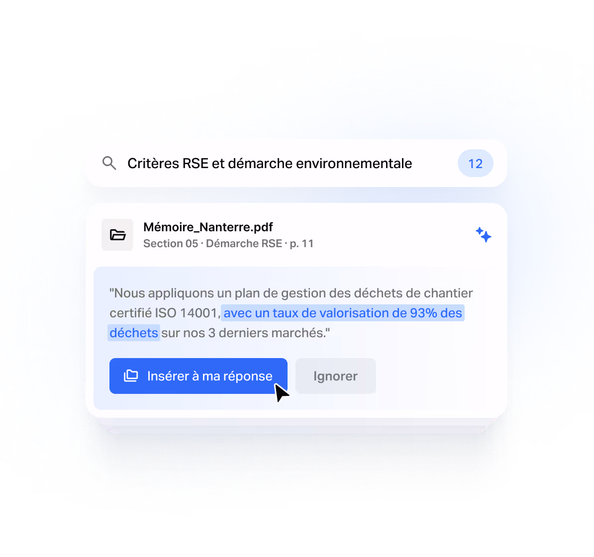 Écran produit Tengo de rédaction : recherche dans une base de mémoires techniques et insertion de l'extrait pertinent dans la réponse à un appel d'offres public