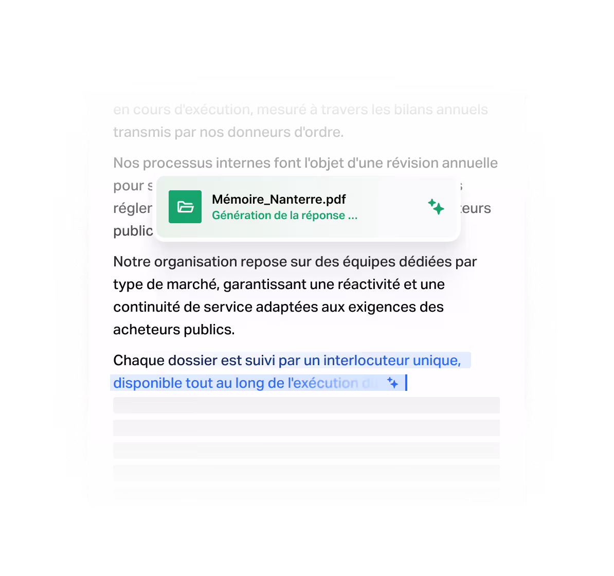 Écran produit Tengo : génération automatique par IA du texte d'un mémoire technique de réponse à un appel d'offres public