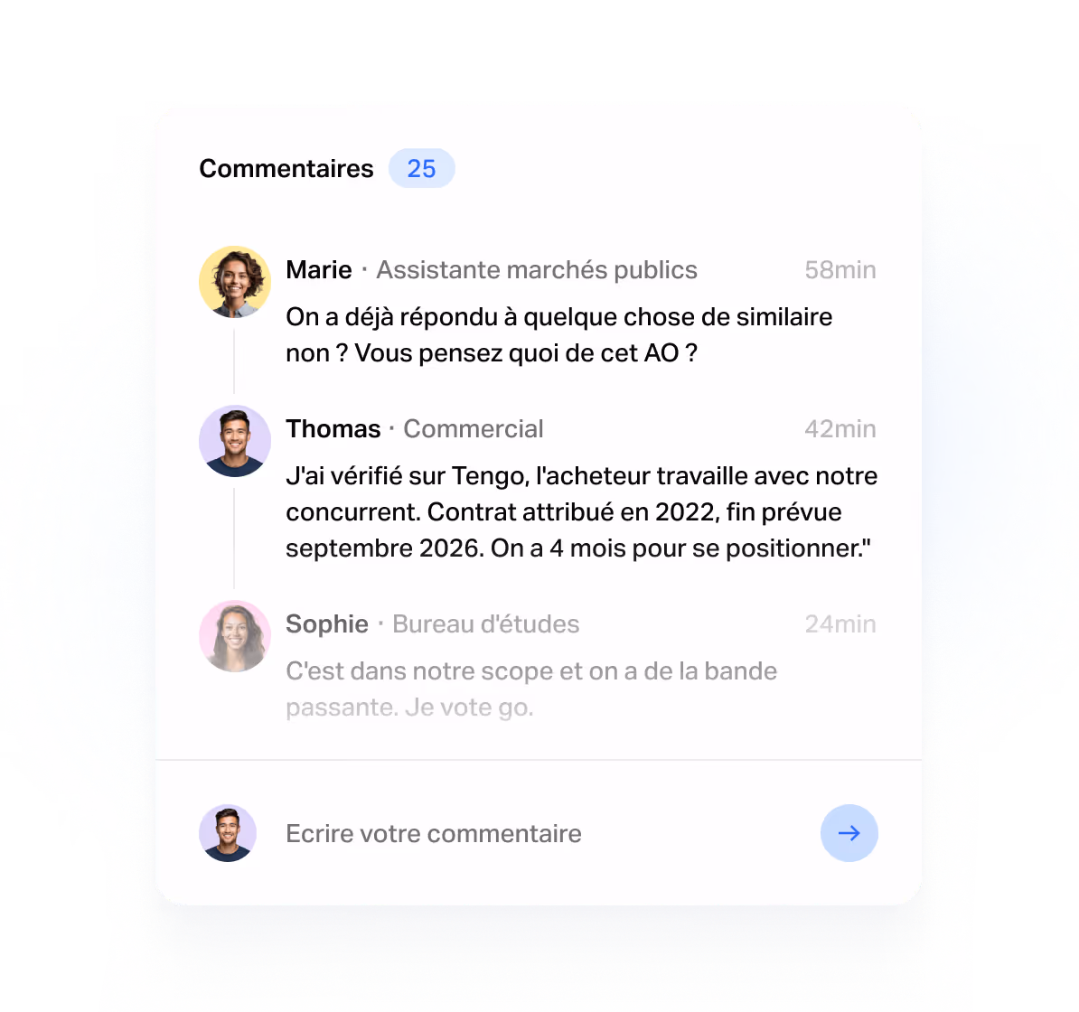 Écran produit Tengo de collaboration : fil de commentaires entre les équipes (assistante marchés publics, commercial, bureau d'études) sur un appel d'offres