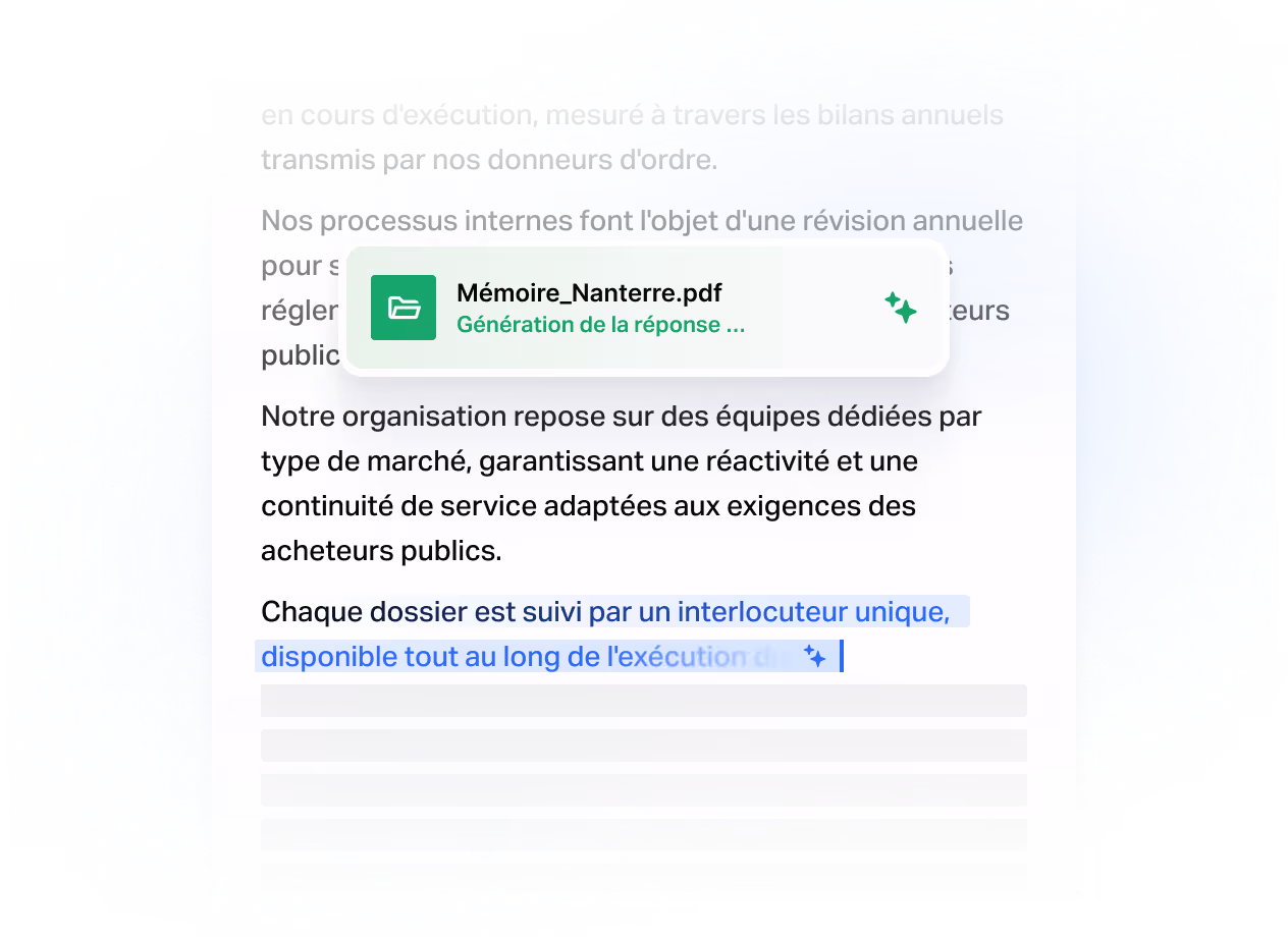 Écran produit Tengo : génération automatique par IA du texte d'un mémoire technique de réponse à un appel d'offres public