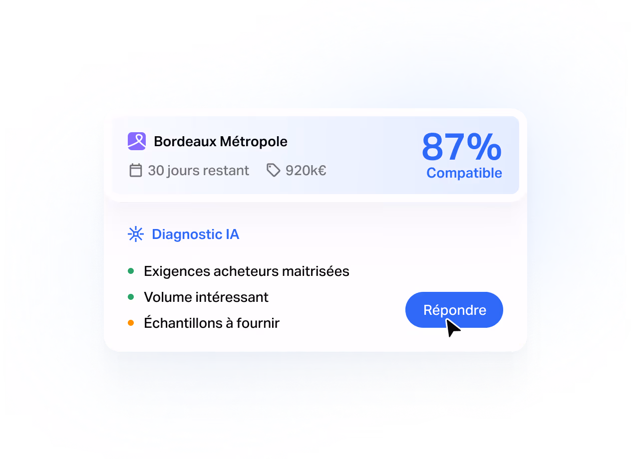 Écran produit Tengo de qualification : score de compatibilité IA d'un appel d'offres public (montant, délai, type de produit) et diagnostic automatique