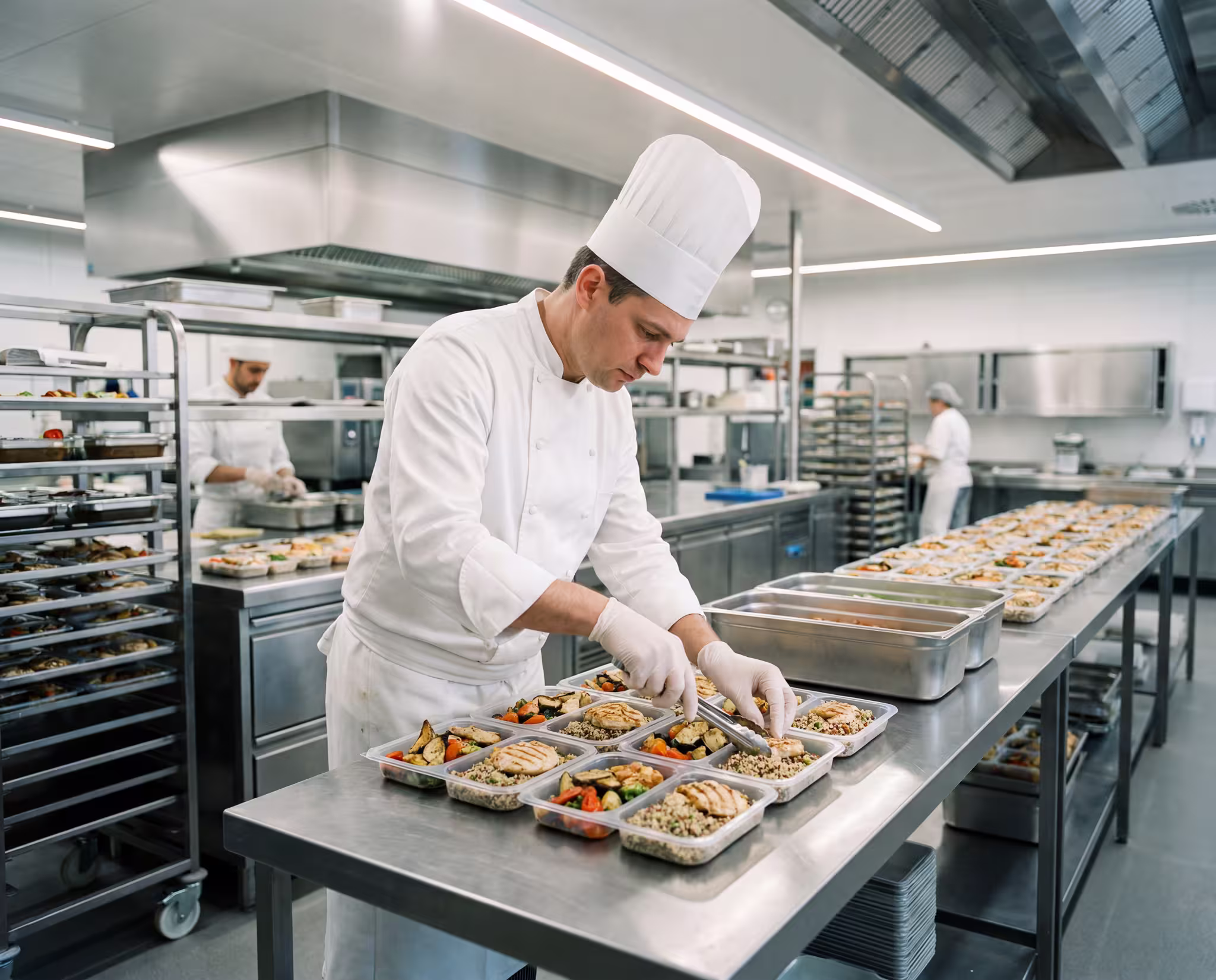 Photo : chef dressant des plateaux-repas dans une cuisine de restauration collective (secteur Alimentation et Restauration)