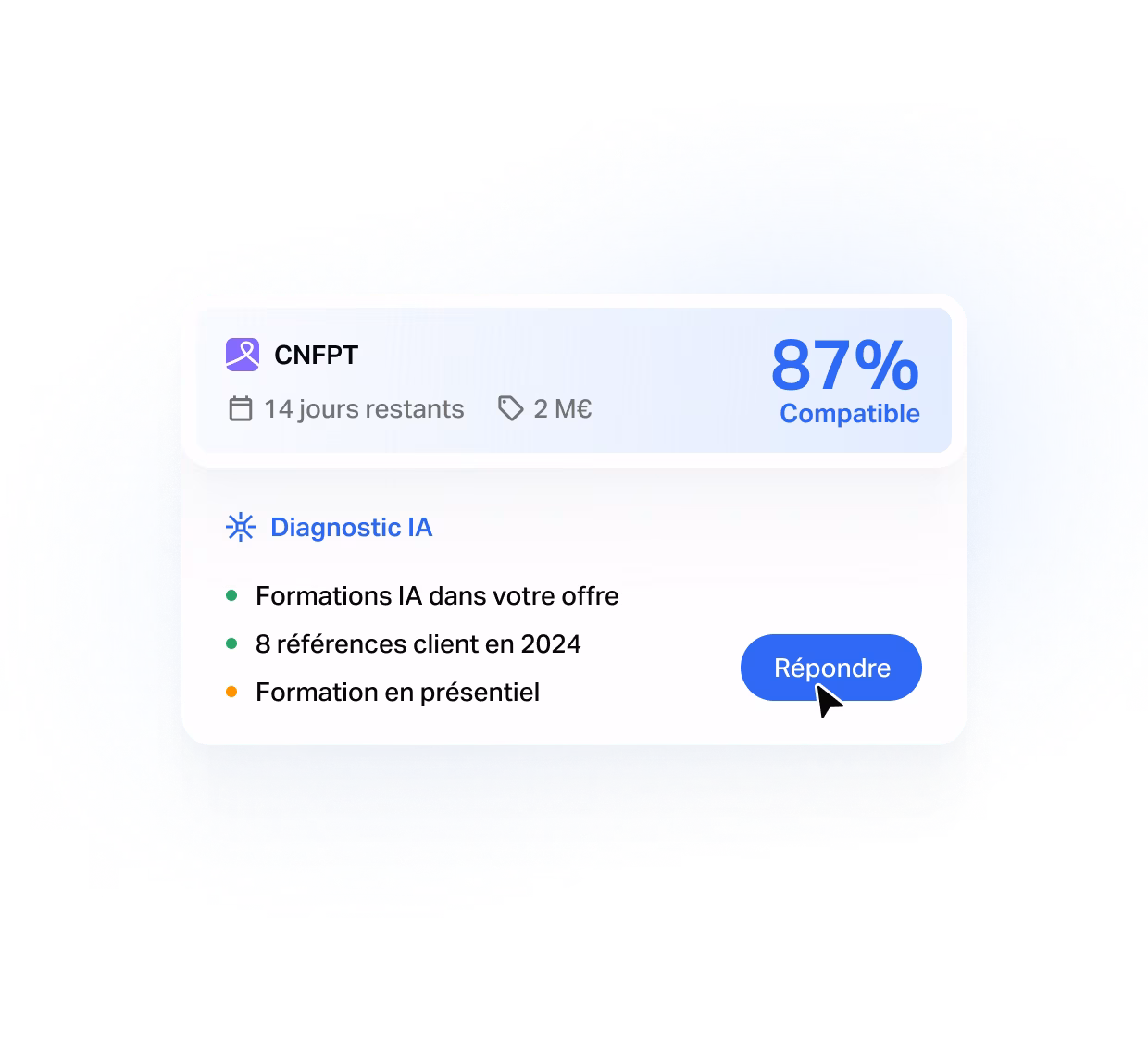 Écran produit Tengo de qualification : score de compatibilité IA d'un appel d'offres public (montant, délai, type de produit) et diagnostic automatique, secteur Formation