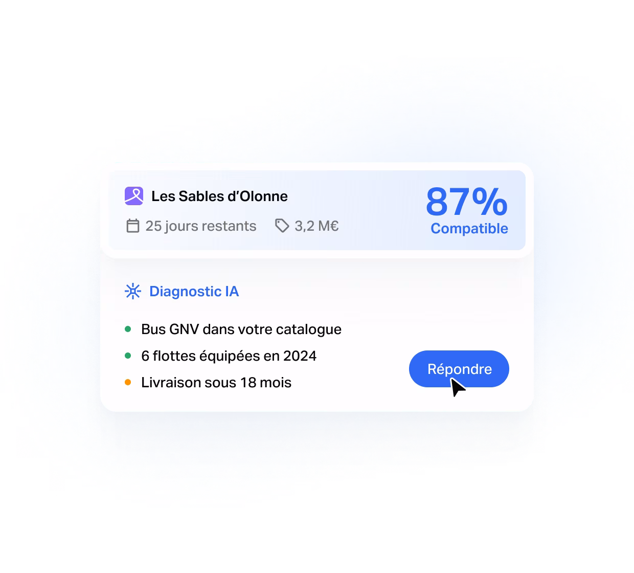 Écran produit Tengo de qualification : score de compatibilité IA d'un appel d'offres public (montant, délai, type de produit) et diagnostic automatique, secteur Transport et Mobilité