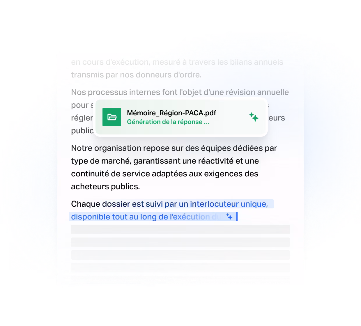 Écran produit Tengo : génération automatique par IA du texte d'un mémoire technique de réponse à un appel d'offres public, secteur Digital et Tech