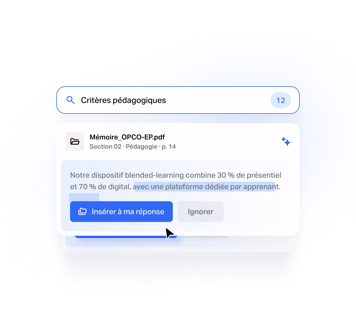 Écran produit Tengo de rédaction : recherche dans une base de mémoires techniques et insertion de l'extrait pertinent dans la réponse à un appel d'offres public, secteur Formation