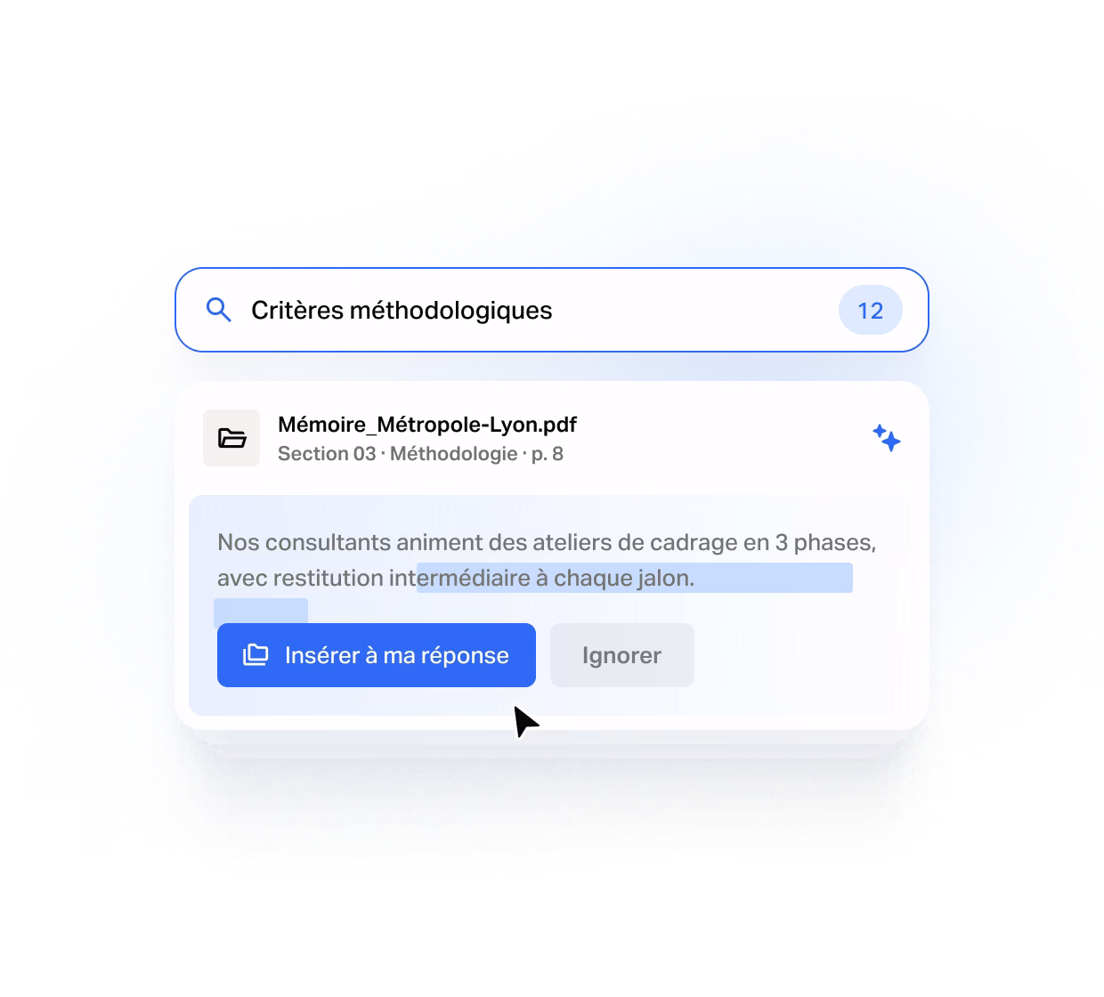 Écran produit Tengo de rédaction : recherche dans une base de mémoires techniques et insertion de l'extrait pertinent dans la réponse à un appel d'offres public, secteur Conseil