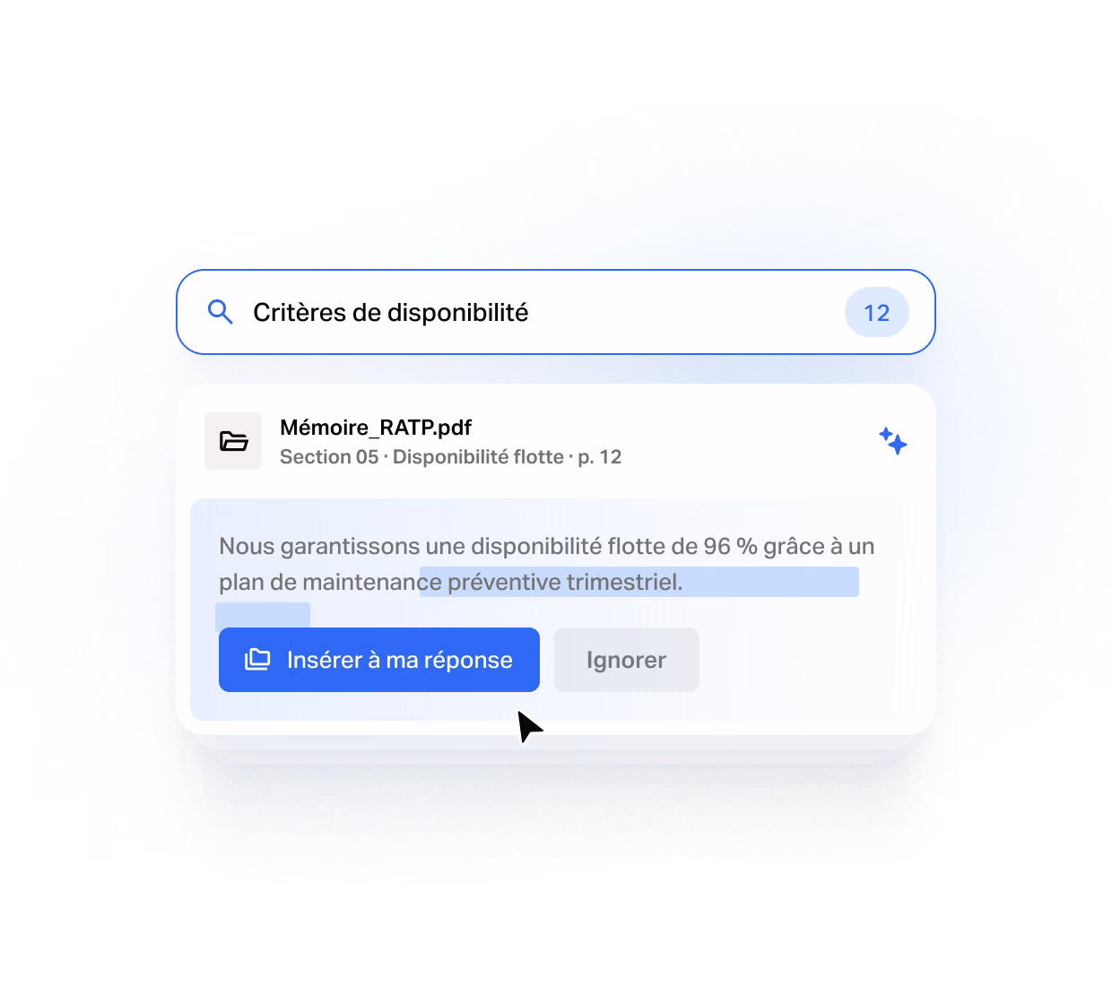 Écran produit Tengo de rédaction : recherche dans une base de mémoires techniques et insertion de l'extrait pertinent dans la réponse à un appel d'offres public, secteur Transport et Mobilité