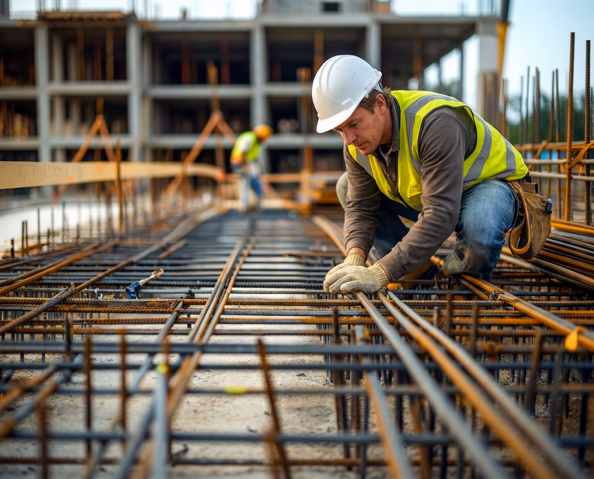 Photo : ouvrier sur un chantier travaillant sur le ferraillage (secteur BTP et Construction)