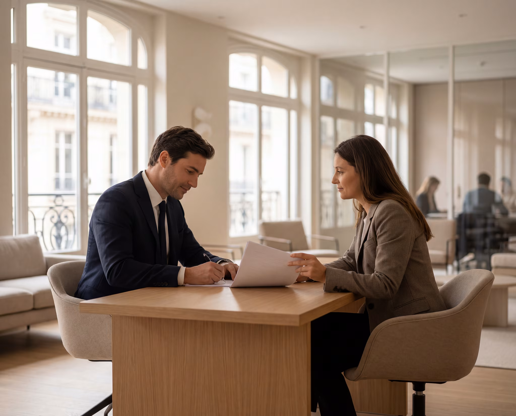 Photo : entretien professionnel autour d'un dossier dans un bureau (secteur Assurance)