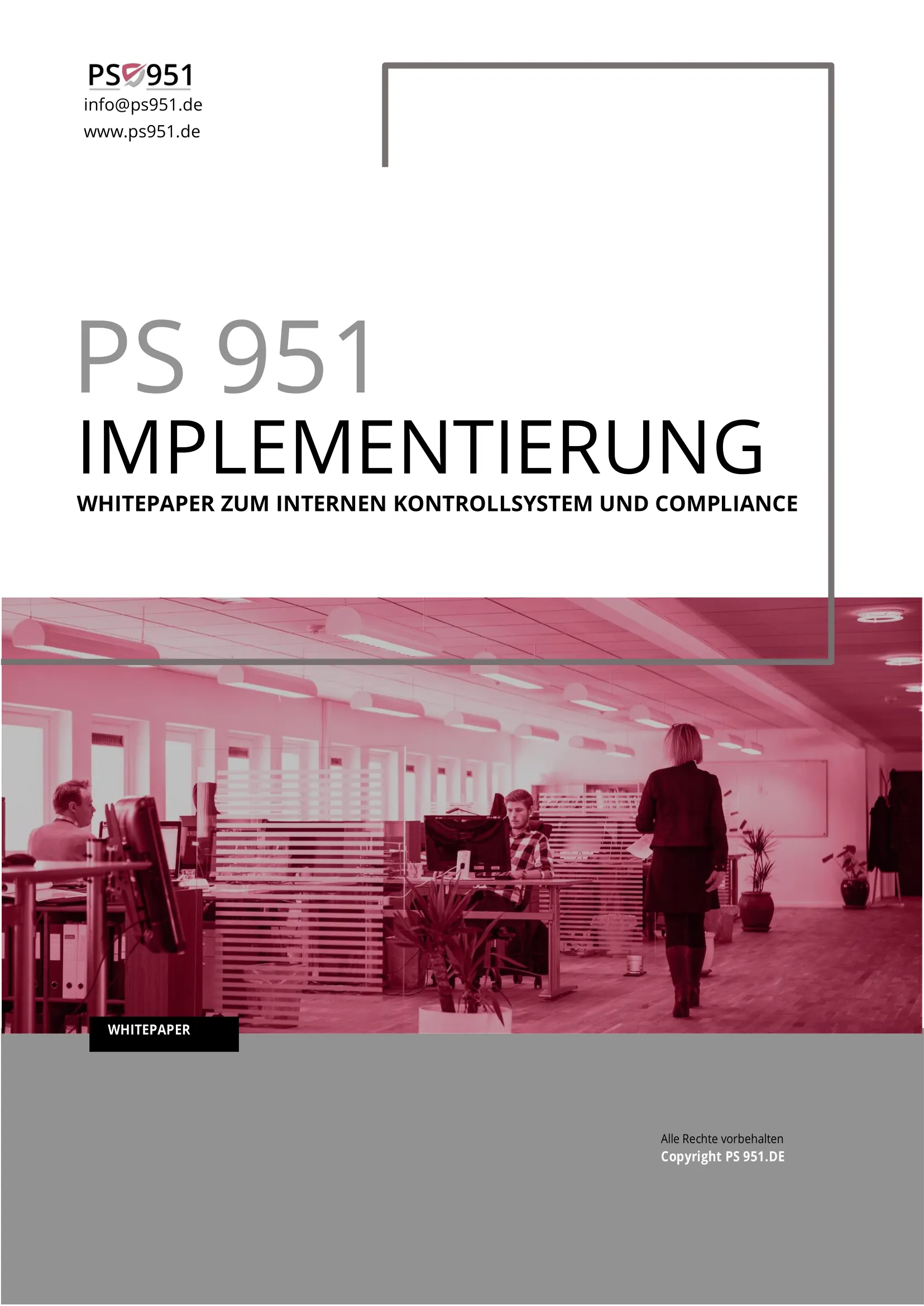 Titelblatt mit PS 951 Implementierung und Büro mit Mitarbeitern, die an Monitoren arbeiten.