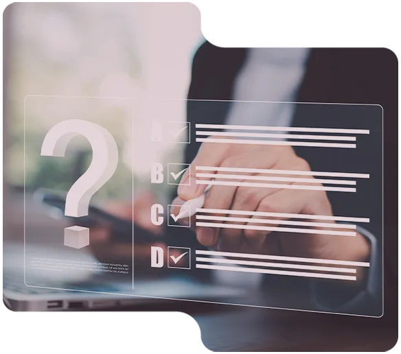 Der/Die Nutzer/in wählt die Antworten B, C und D manuell auf einer transparenten digitalen Quiz-Oberfläche mit einem großen Fragezeichen aus.