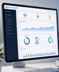 Computer screen displaying ChronicCareIQ dashboard with graphs, stats, and circular charts.
