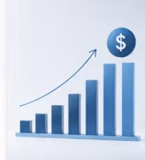 Blue bar chart with upward arrow ending in a dollar sign sphere symbolizing growing revenue.