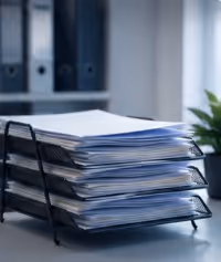 Stack of paperwork organized in a four-tier metal tray on a desk near a plant.