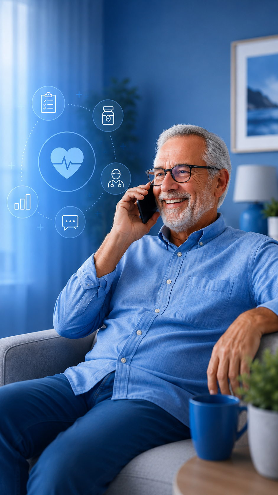 Smiling elderly man in blue shirt talking on phone with floating healthcare icons beside him.
