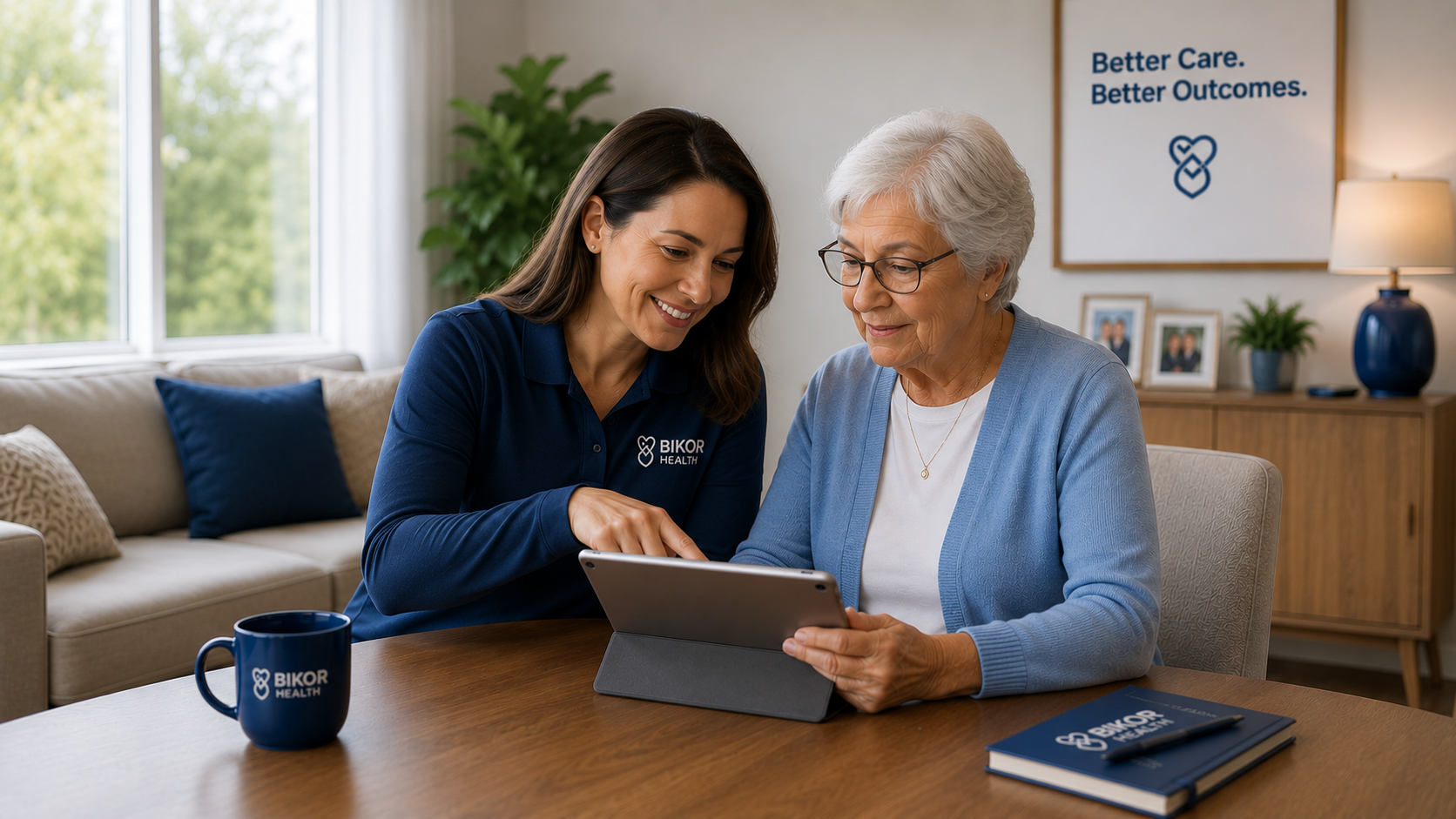 Bikor Health caregiver assisting senior woman using tablet at a table in a cozy living room.