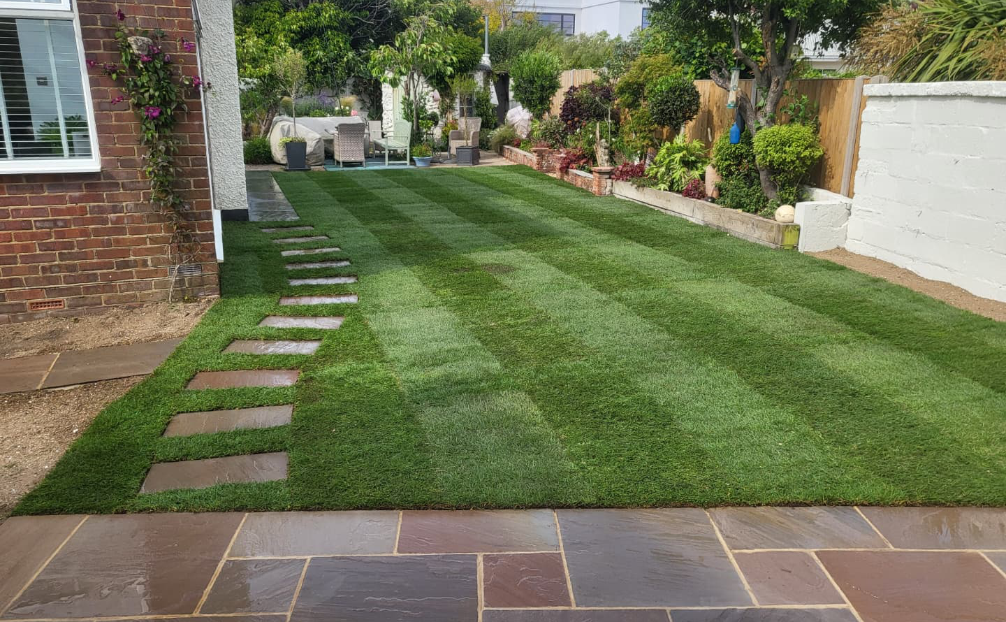 Freshly laid turf lawn after professional turfing in Worthing, West Sussex