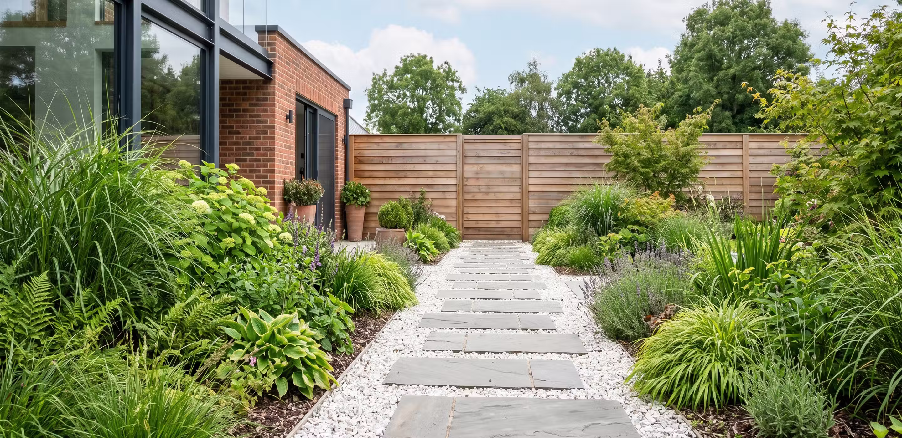 Beautiful well-maintained garden with patio, path, fencing and shrubs in Worthing, West Sussex by Casteldine Landscapes
